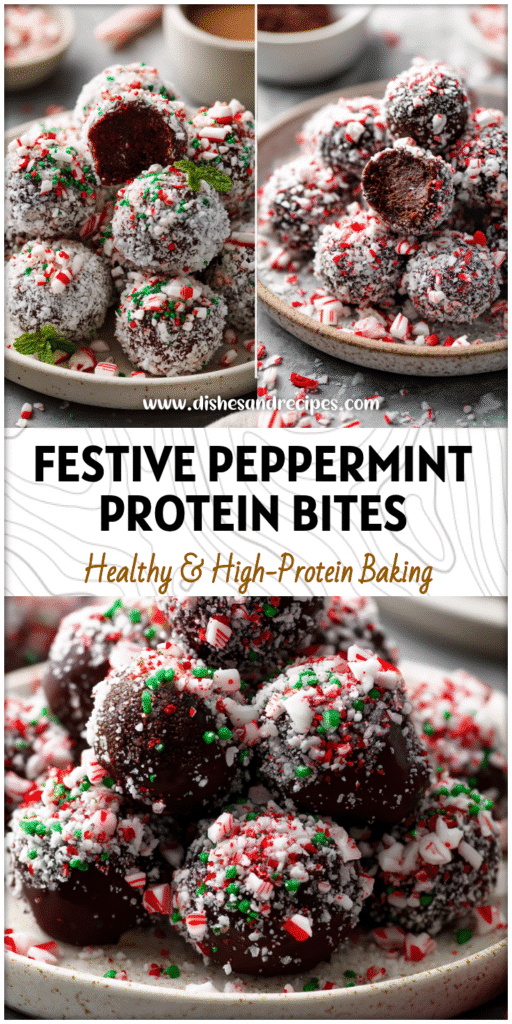 Bite-sized chocolate Peppermint Protein Balls covered with crushed peppermint and festive sprinkles on a holiday plate.